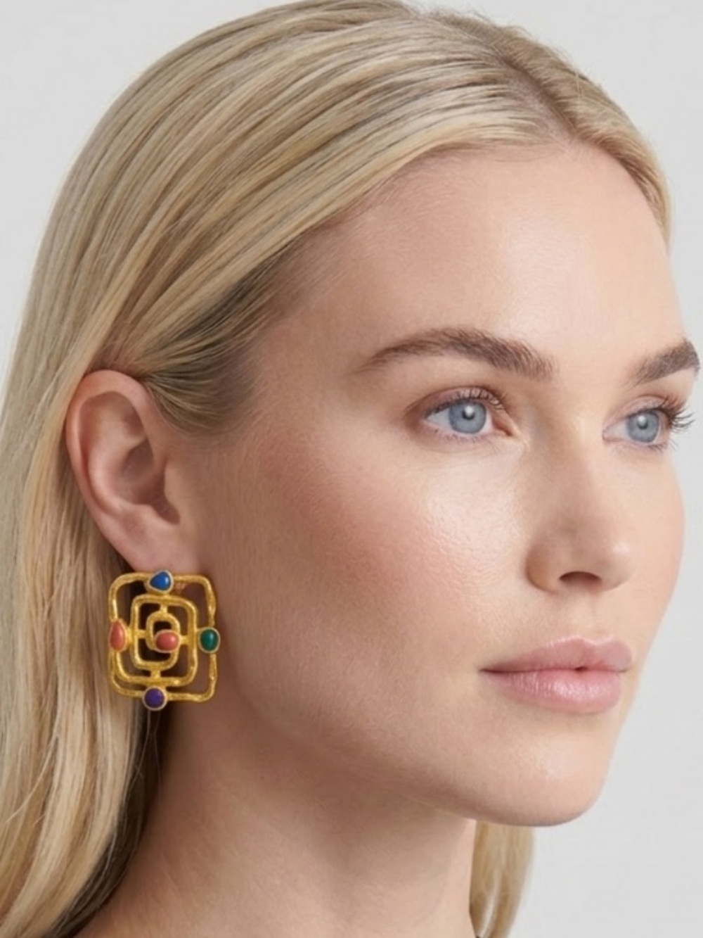 Vintage gold-toned square stud earrings with multi-colored cabochons